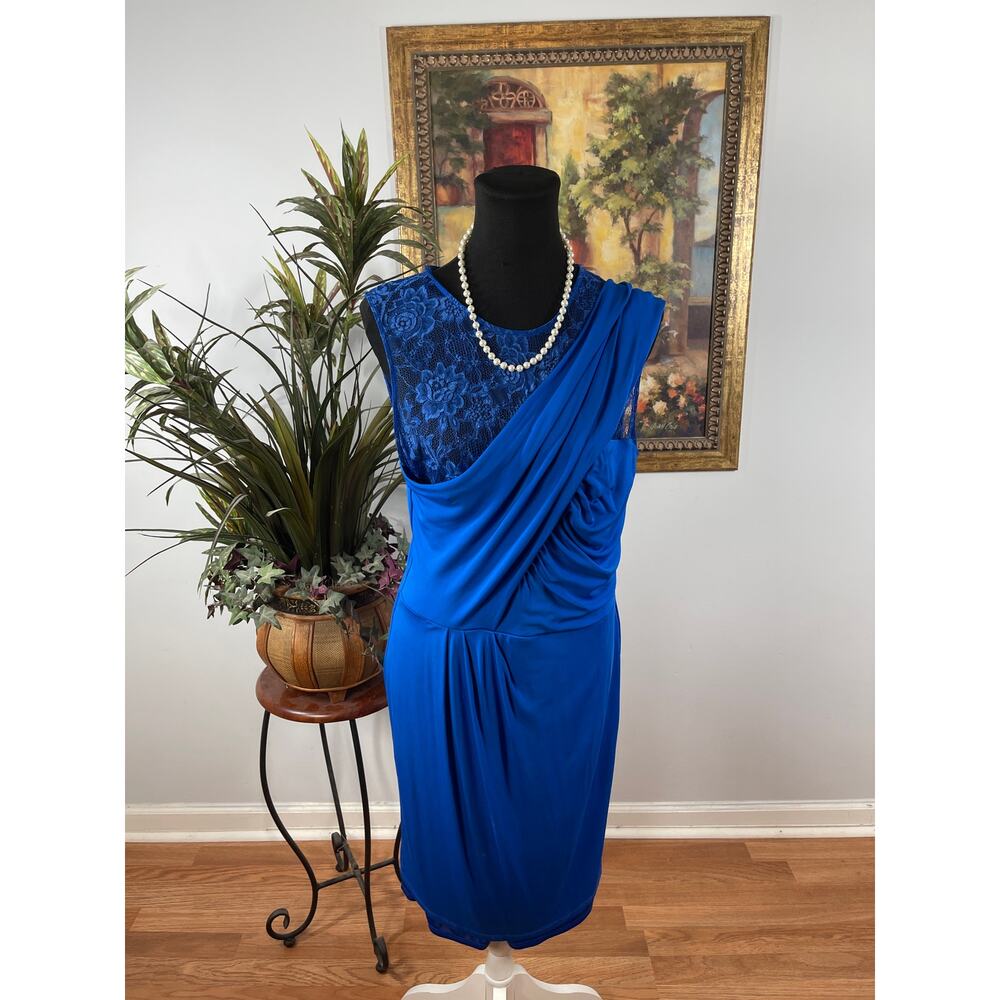 David Meister Sheath Dress Women's 14 Royal Blue Ruched Pleated Lined‎ Cocktail